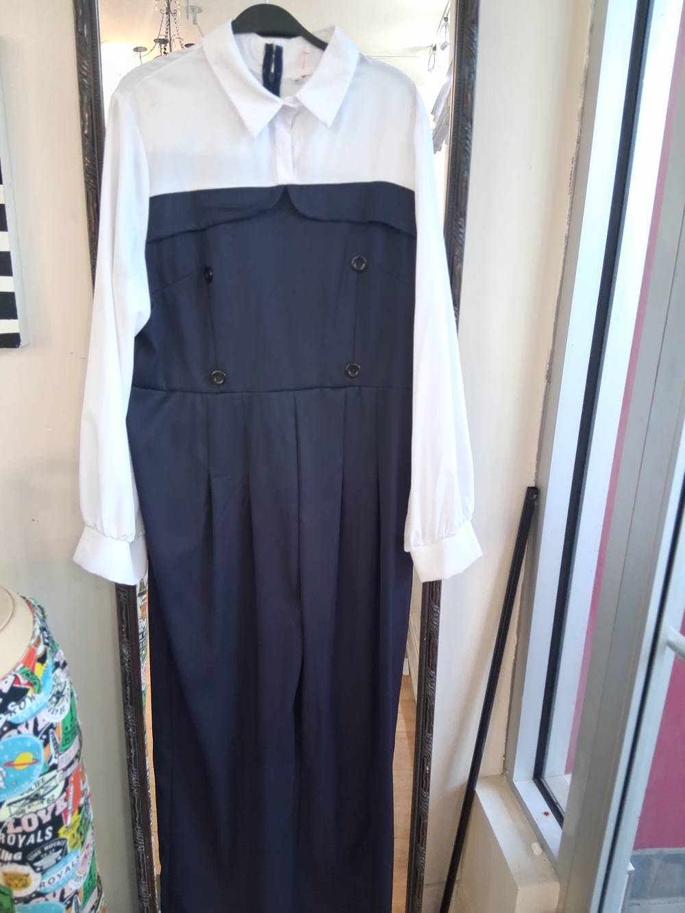 Two-Tone Navy and White Long Sleeve Jumpsuit